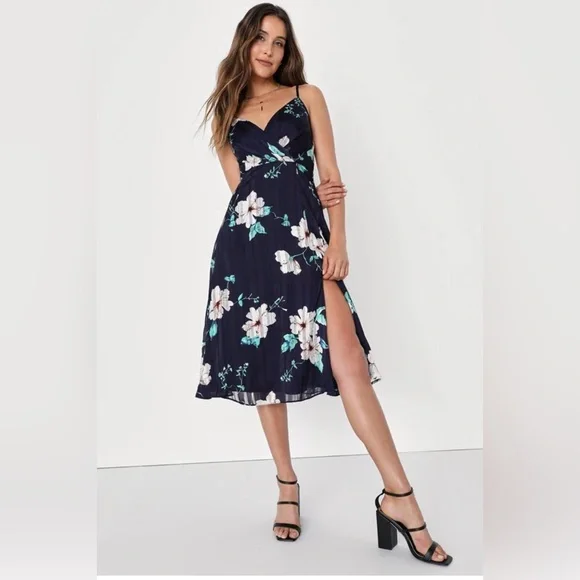 Lulus All About Love Navy Blue Floral Print Midi Dress Party Cocktail - XS - Picture 1 of 10